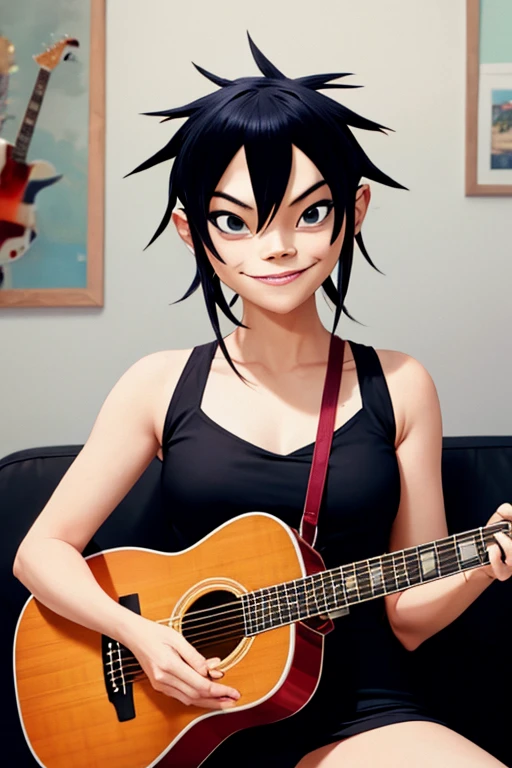 Noodle Gorillaz, sexy body, sexy Dress, playing guitar, smiles, ((masterpiece, best quality)) holding