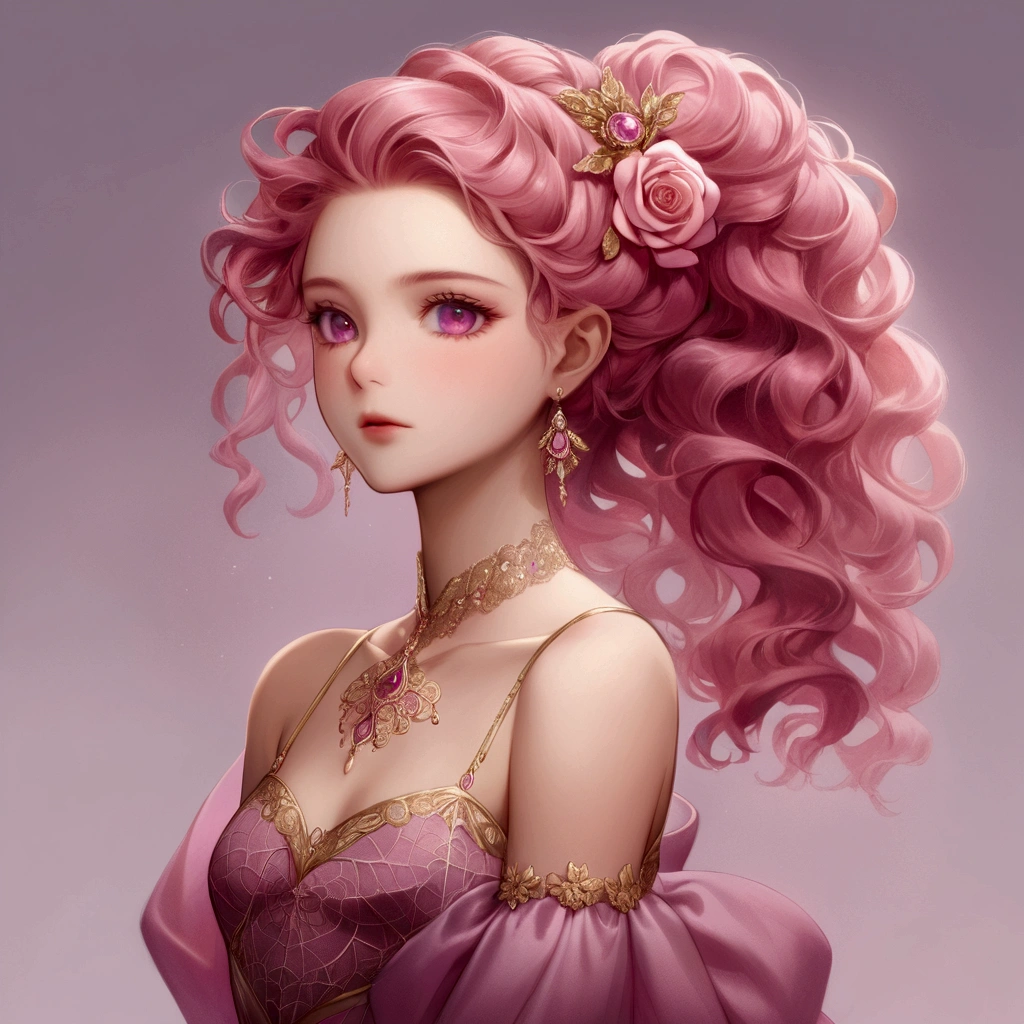 Create an anime-style girl with deep magenta eyes and long, wavy pink hair styled in an elegant updo. She is slender with small breasts. She wears a regal, ethereal dress with elegant and fantasy elements, featuring a gold, pastel pink, and rose gold color scheme. The dress has intricate spider web patterns and motifs.