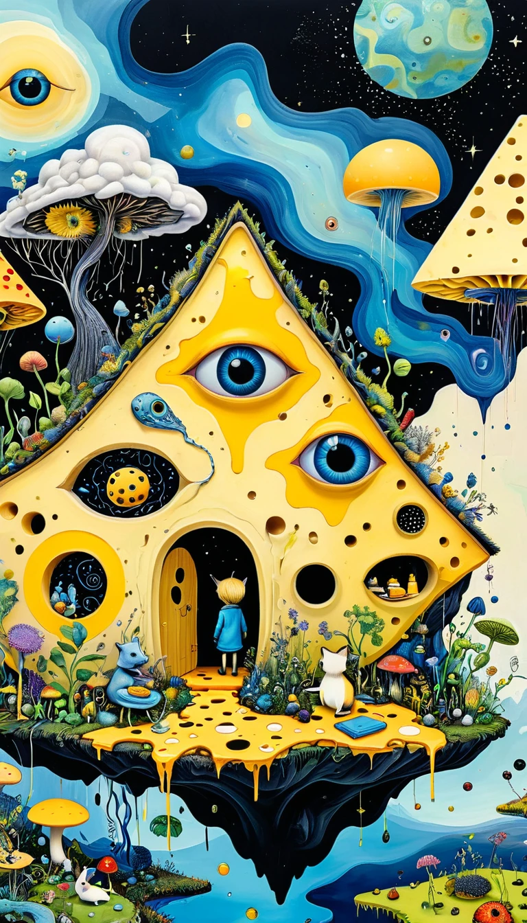 Intense visual fusion of various elements，broto，microorganism、plantar、Cheese house、Eye、wild animal life，Stitching an abstract painting，Describing the inner world of autistic people，Sense of space，blank space，interesting，innocence，psychedelic art，blue and yellow and black,