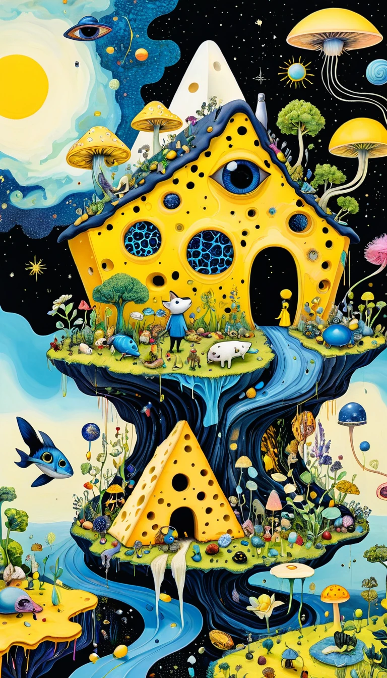 Intense visual fusion of various elements，broto，microorganism、plantar、Cheese house、Eye、wild animal life，Stitching an abstract painting，Describing the inner world of autistic people，Sense of space，blank space，interesting，innocence，psychedelic art，blue and yellow and black,