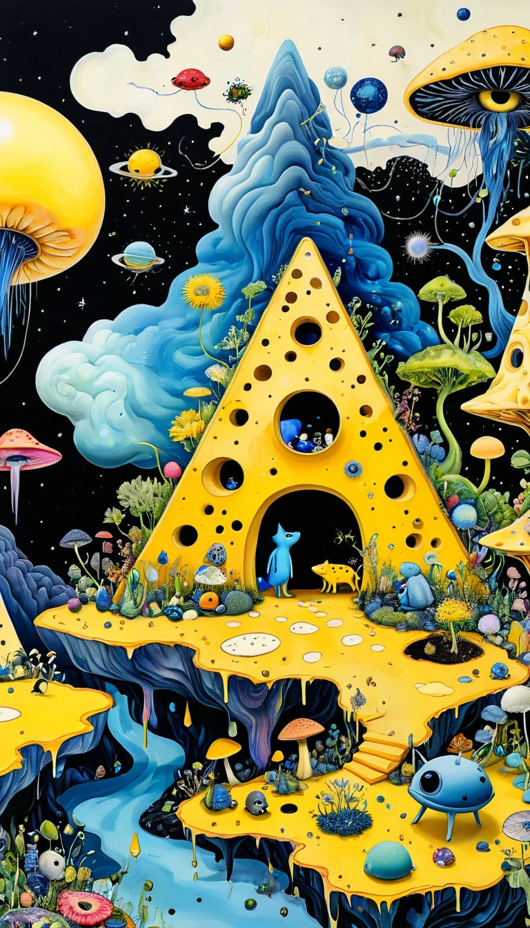 Intense visual fusion of various elements，broto，microorganism、plantar、Cheese house、Eye、wild animal life，Stitching an abstract painting，Describing the inner world of autistic people，Sense of space，blank space，interesting，innocence，psychedelic art，blue and yellow and black,