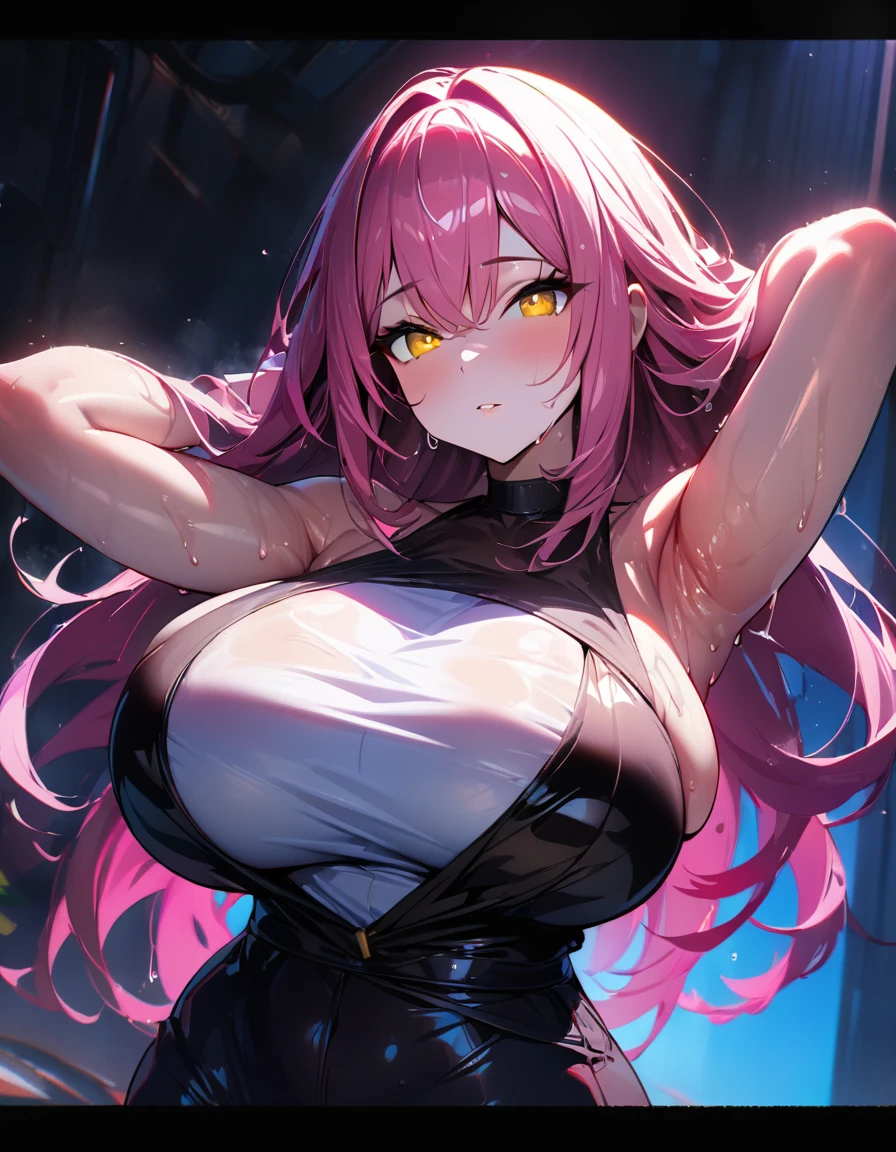 1girl,super huge breasts, pink hair, golden eyes,staring coldly,long hair, body curves, (best quality,4k,highres,masterpiece:1.2),ultra-detailed, dramatic lighting,vibrant colors,cinematic, Stelle outfit, sweaty armpits, bright skin, shiny golden eyes, golden eyes