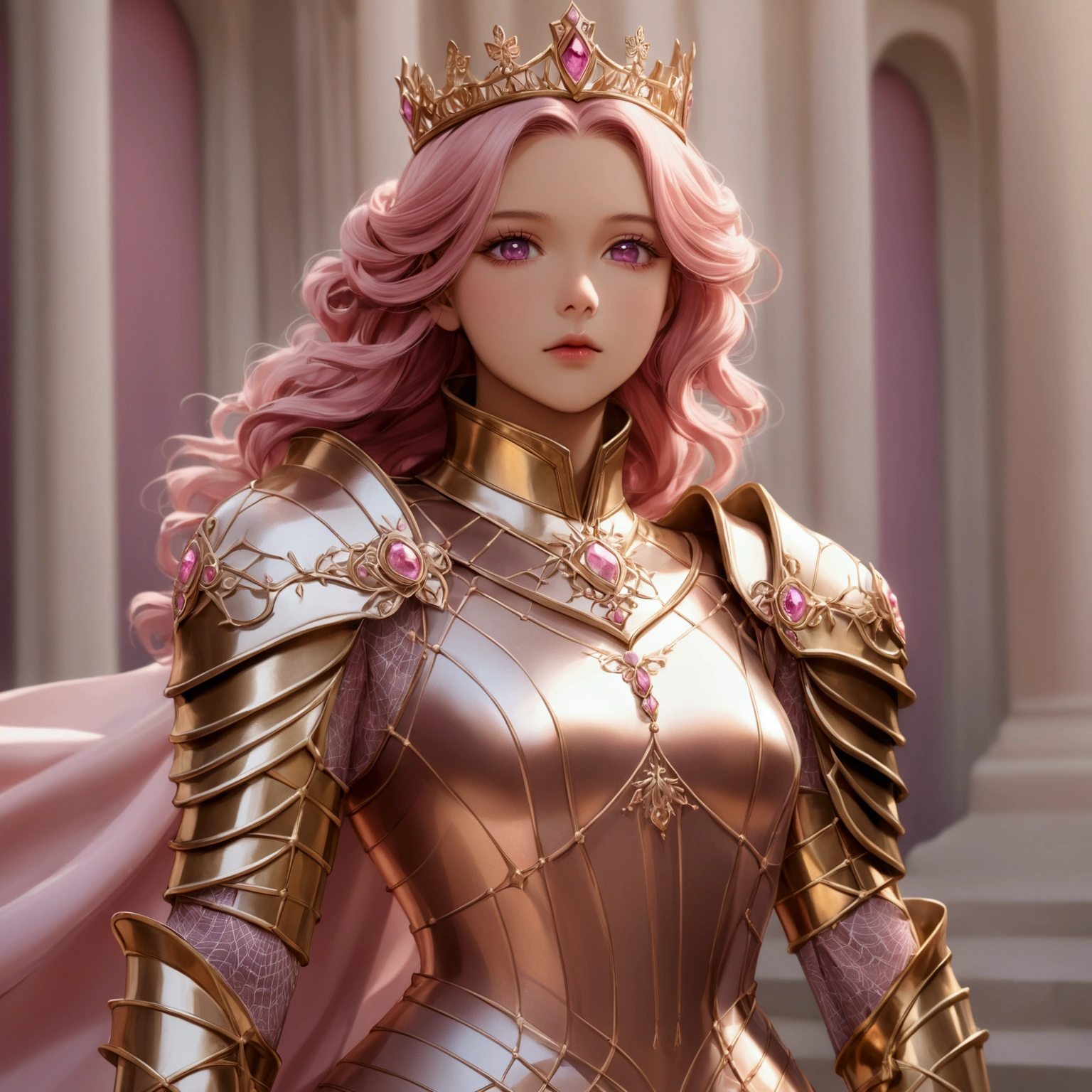 Create an anime-style girl with deep magenta eyes and long, wavy pink hair styled in an elegant updo. She is slender with small breasts. She wears a regal, ethereal dress with elegant and fantasy elements, featuring a gold, pastel pink, and rose gold color scheme. The dress has intricate spider web patterns and motifs.