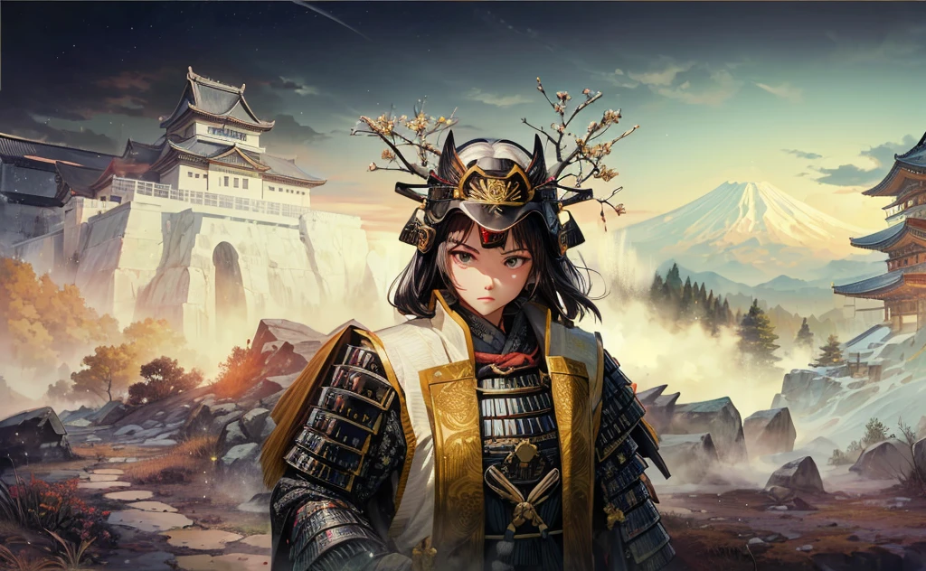 Female, (girls:1.5), (exceptional, best aesthetic, new, newest, best quality, anime, waifu:1.2), best quality, ultra detailed, absurdres, highres, colored, good anatomy, normal eyes, centered eyes, no cockeyed, no cross-eyes black hair, pretty face, Japanese Samurai armor, Samurai helmet, laurel leaves on helmet, swords, cape, Japanese castle, tree, snow mountain, fire,