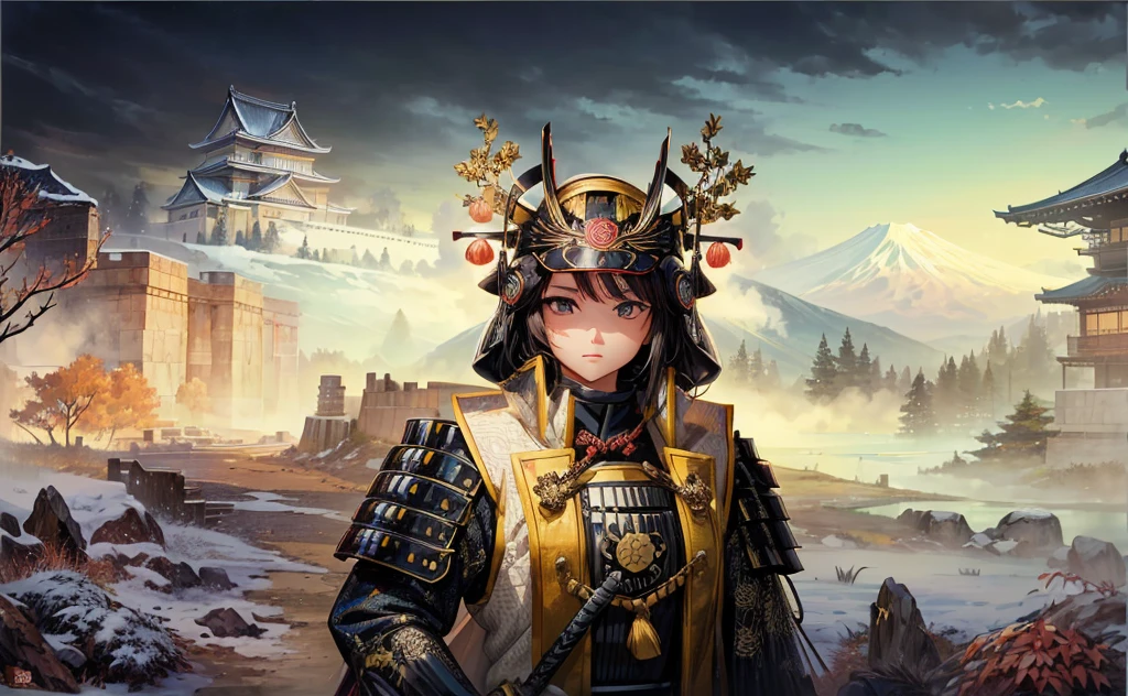Female, (girls:1.5), (exceptional, best aesthetic, new, newest, best quality, anime, waifu:1.2), best quality, ultra detailed, absurdres, highres, colored, good anatomy, normal eyes, centered eyes, no cockeyed, no cross-eyes black hair, pretty face, Japanese Samurai armor, Samurai helmet, laurel leaves on helmet, swords, cape, Japanese castle, tree, snow mountain, fire,