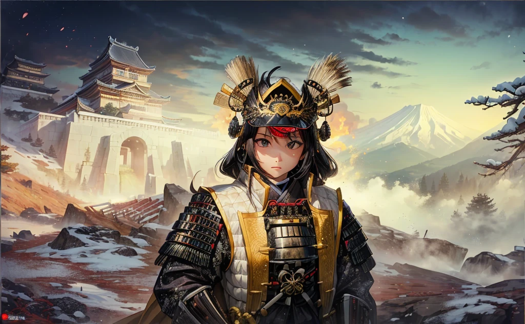 Female, (girls:1.5), (exceptional, best aesthetic, new, newest, best quality, anime, waifu:1.2), best quality, ultra detailed, absurdres, highres, colored, good anatomy, normal eyes, centered eyes, no cockeyed, no cross-eyes black hair, pretty face, Japanese Samurai armor, Samurai helmet, laurel leaves on helmet, swords, cape, Japanese castle, tree, snow mountain, fire,