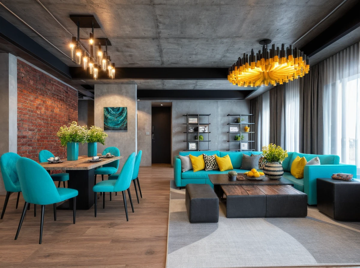 Raw photo, Masterpiece, high quality, best quality, authentic, super detail, ((Industrial)), Draws inspiration from raw, unfinished spaces like warehouses or lofts, Exposed brick walls, (metal accents), and (statement lighting) create a dramatic and edgy feel, This style thrives on a cool and neutral palette with (grays), ((blacks)), and browns forming the foundation, Pops of color can be introduced with pops of red, yellow, or ((turquoise)) for a touch of vibrancy, Reclaimed (wood and concrete) accents further enhance the industrial aesthetic,