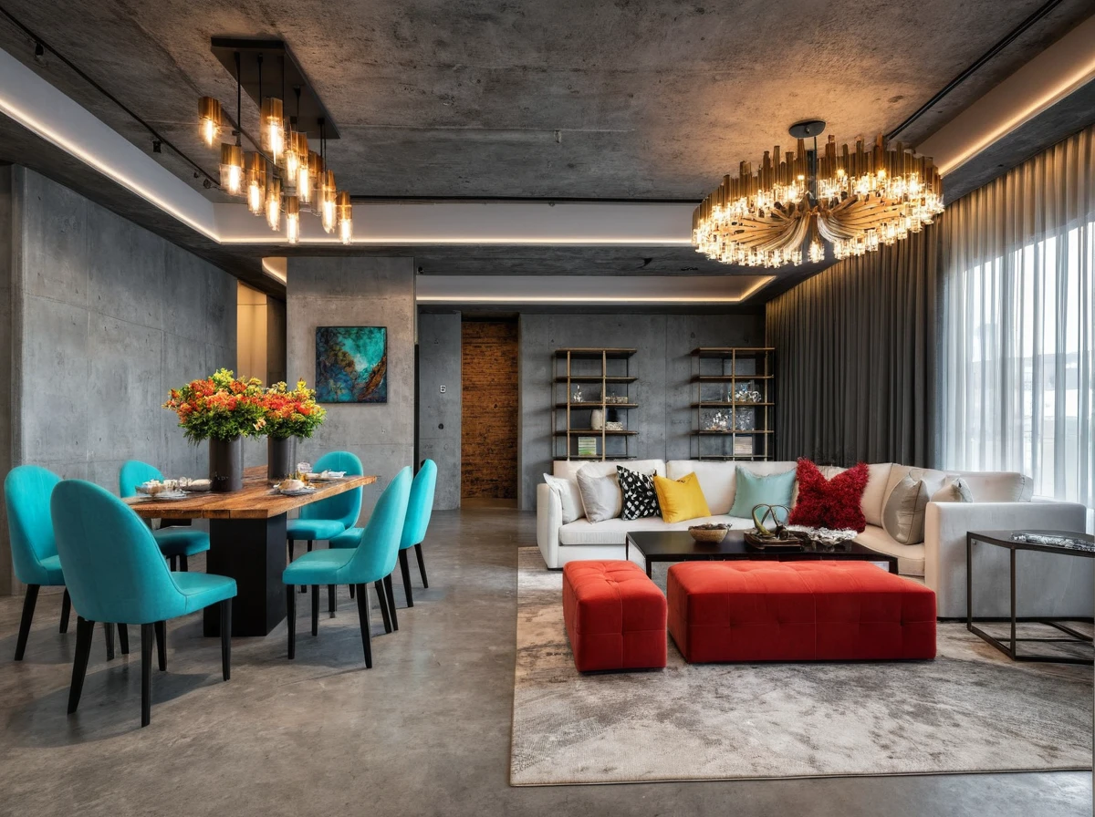 Raw photo, Masterpiece, high quality, best quality, authentic, super detail, ((Industrial)), Draws inspiration from raw, unfinished spaces like warehouses or lofts, Exposed brick walls, (metal accents), and (statement lighting) create a dramatic and edgy feel, This style thrives on a cool and neutral palette with (grays), ((blacks)), and browns forming the foundation, Pops of color can be introduced with pops of red, yellow, or ((turquoise)) for a touch of vibrancy, Reclaimed (wood and concrete) accents further enhance the industrial aesthetic,