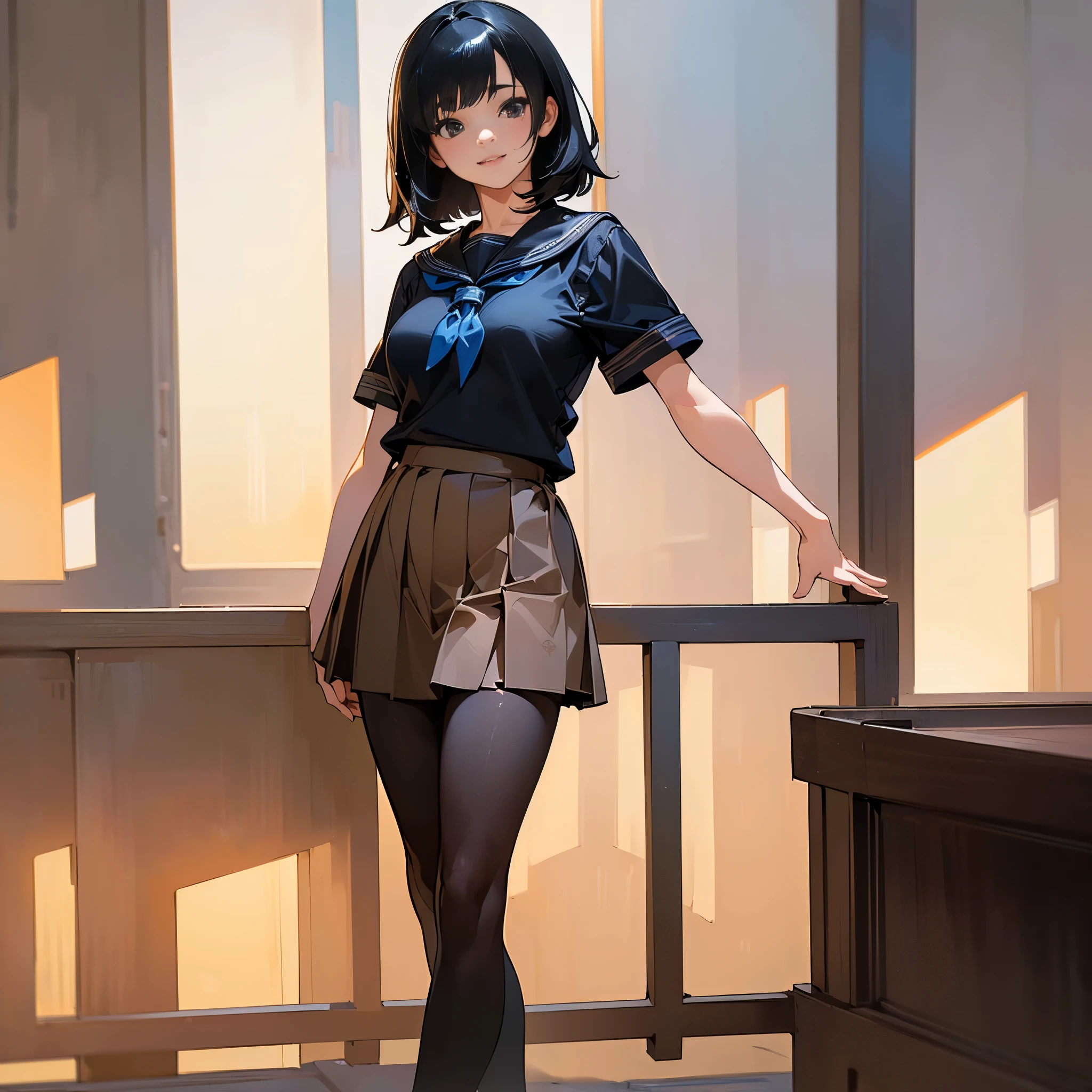 (Highest quality, High resolution, Super detailed, Realistic:1.37), Peaceful atmosphere, (Town), age girl standing alone,(my breasts are big.),Beautifully detailed features, Cute Smile, ((Black bob hair)),Short-sleeved sailor uniform, Pleated skirt,Black tights,Brown leather shoes.