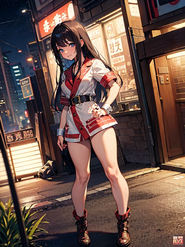 (Masterpiece, best quality, high res、highly detailed cg: 1), ‘Looking for a hooker?’ and a prostitute invites a man to join her. The scene is dominated by a prostitute touting on a quiet, deserted street at night. She is flirtatious with an upward glance. nsfw, Seduction, (short stature), Natural smile