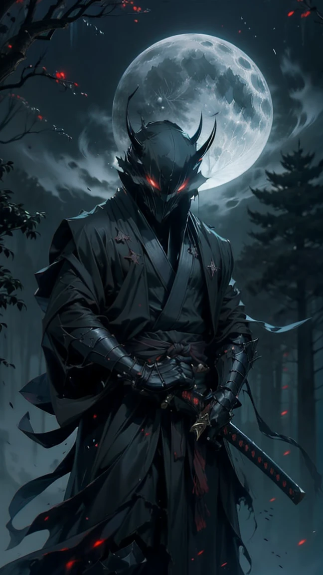 ((NSFW)),(Best Quality,ultra detailed),dark,wet,artificial raindrops falling,ancient japanese warrior standing in the rain,japanese traditional bamboo hat(fail),dense forest landscape,majestic and serene nature,full moon shining brightly in the night sky,black kimono with fluorescent red stripes that glow in the moonlight,samurai sword sharpened and drawn(katana),(detailed horned mask:1.2),(dark,devil) atmosphere,(mysterious,ominous,sandy) texture,1 demonic character,sharp teeth,Bright red eyes,long sharp horns,Pale skin,black claws,overgrown dark forest,ominous moonlight,dense fog,creepy atmosphere,blood red color scheme,haunting shadows,spooky fog,horror genre,nightmarish,dynamic lighting,high contrast,ethereal feeling,vivid colors