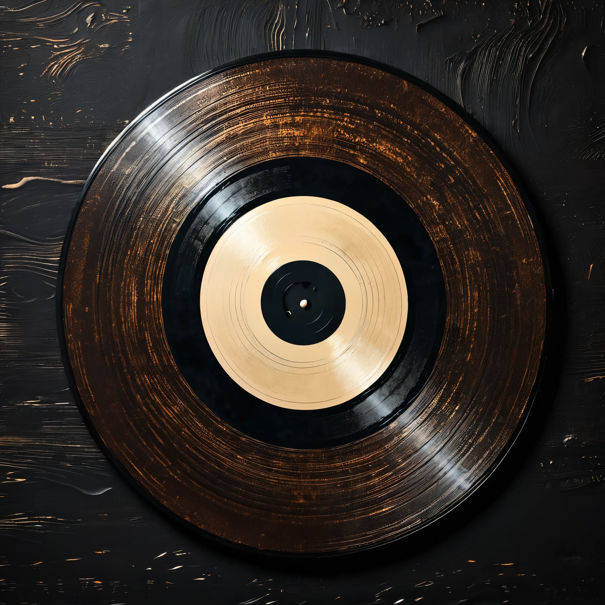 vinyl record with Japanese texture in dark brown and black colors, Black background
