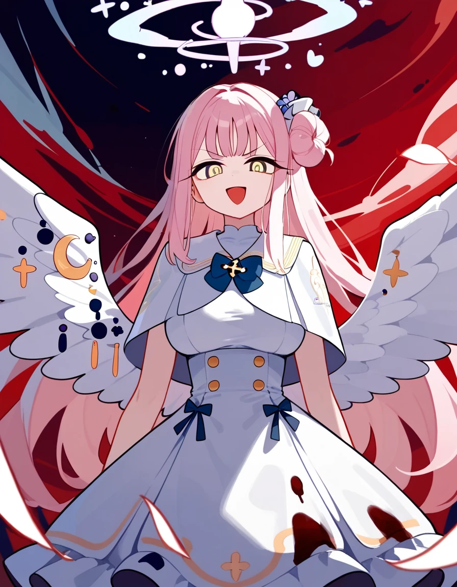 (score_9,score_8_up,score_7_up),1girl,highres,mika_\(blue_archive\),white_wings,feathered_wings,hair_flower,large_breasts,angel_wings,white_dress,low_wings, super glaring eyes, open mouth, wide smile, menacing, blazing clothes, bloody clothes, deserted, scorched earth, red sky, looking at viewer