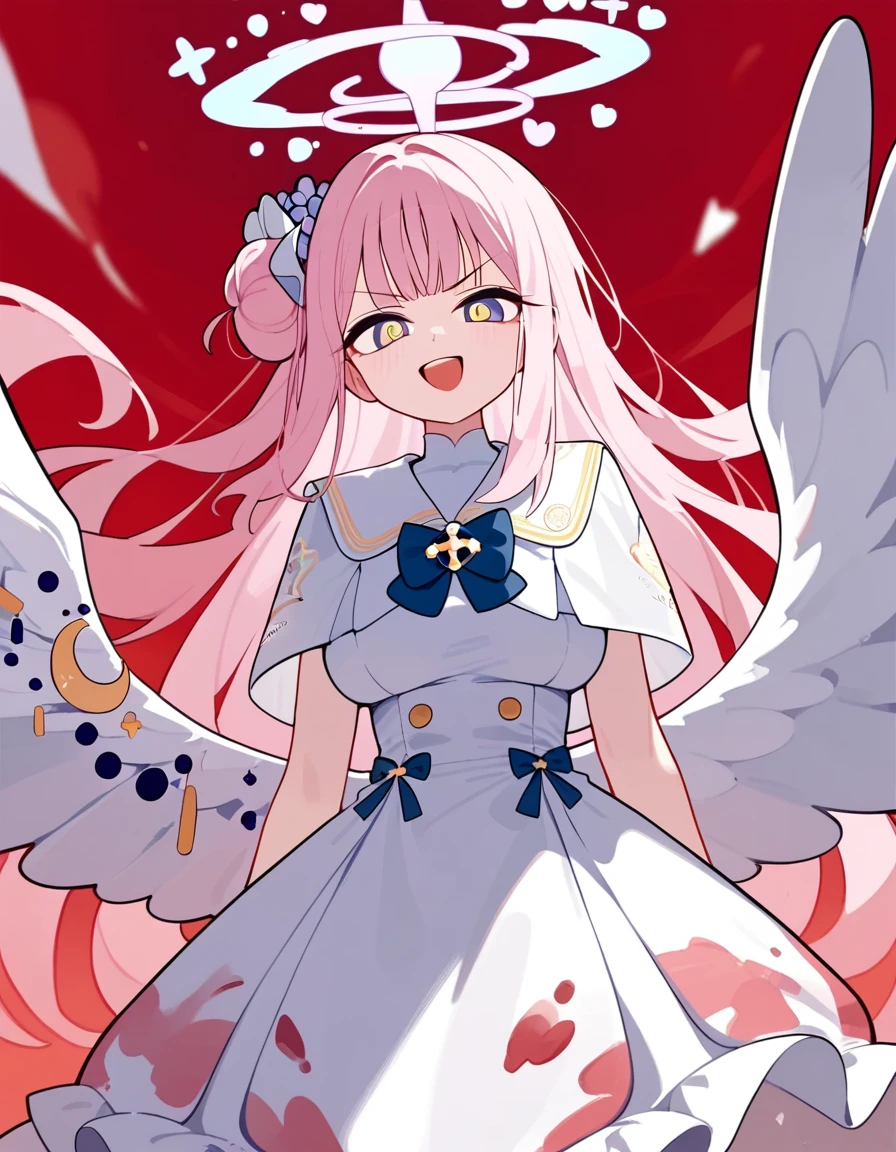 (score_9,score_8_up,score_7_up),1girl,highres,mika_\(blue_archive\),white_wings,feathered_wings,hair_flower,large_breasts,angel_wings,white_dress,low_wings, super glaring eyes, open mouth, wide smile, menacing, blazing clothes, bloody clothes, deserted, scorched earth, red sky, looking at viewer