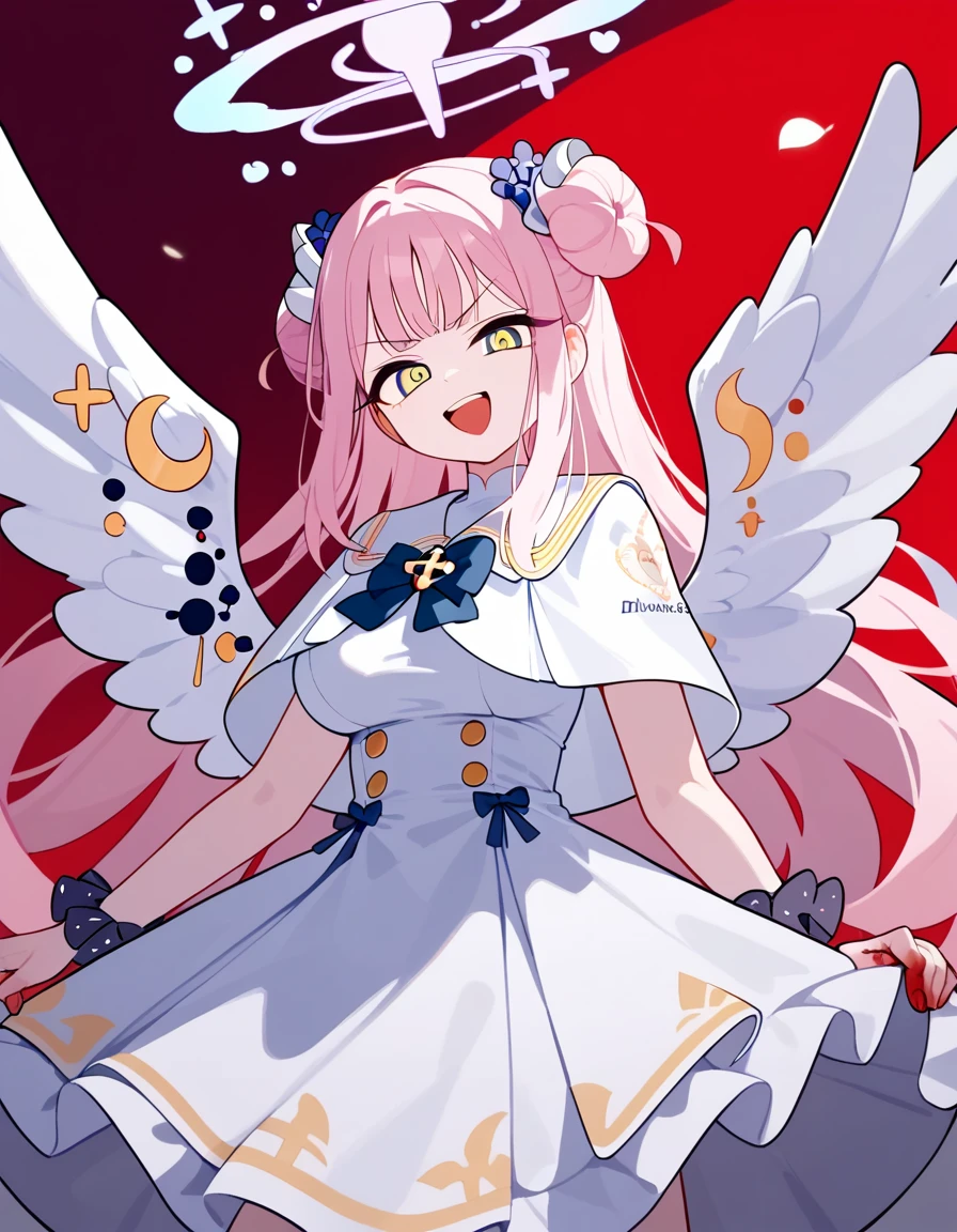 (score_9,score_8_up,score_7_up),1girl,highres,mika_\(blue_archive\),white_wings,feathered_wings,hair_flower,large_breasts,angel_wings,white_dress,low_wings, super glaring eyes, open mouth, wide smile, menacing, blazing clothes, bloody clothes, deserted, scorched earth, red sky, looking at viewer