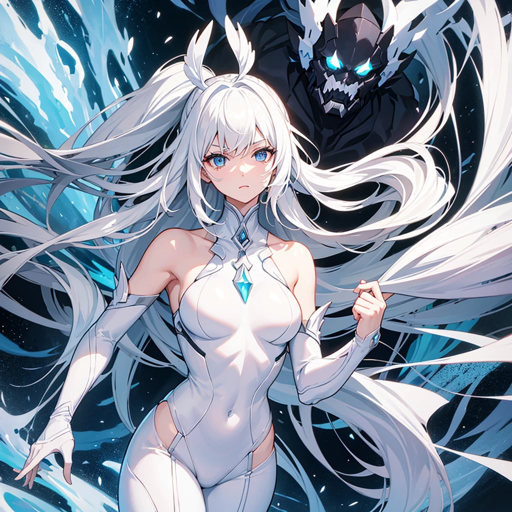 A female character, with detailed white clothes, an intimidating look, having two forms plus below its normal form and above its power form100% and giant.