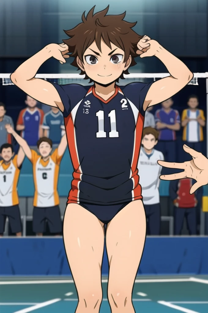 masterpiece, Best Quality, ultra detailed, animated style, backstroke volleyball boy, black and messy hair, with legend that says daler on his back, number 129 on his back, raising your arms, Looking down , doing serving pose, left side focus