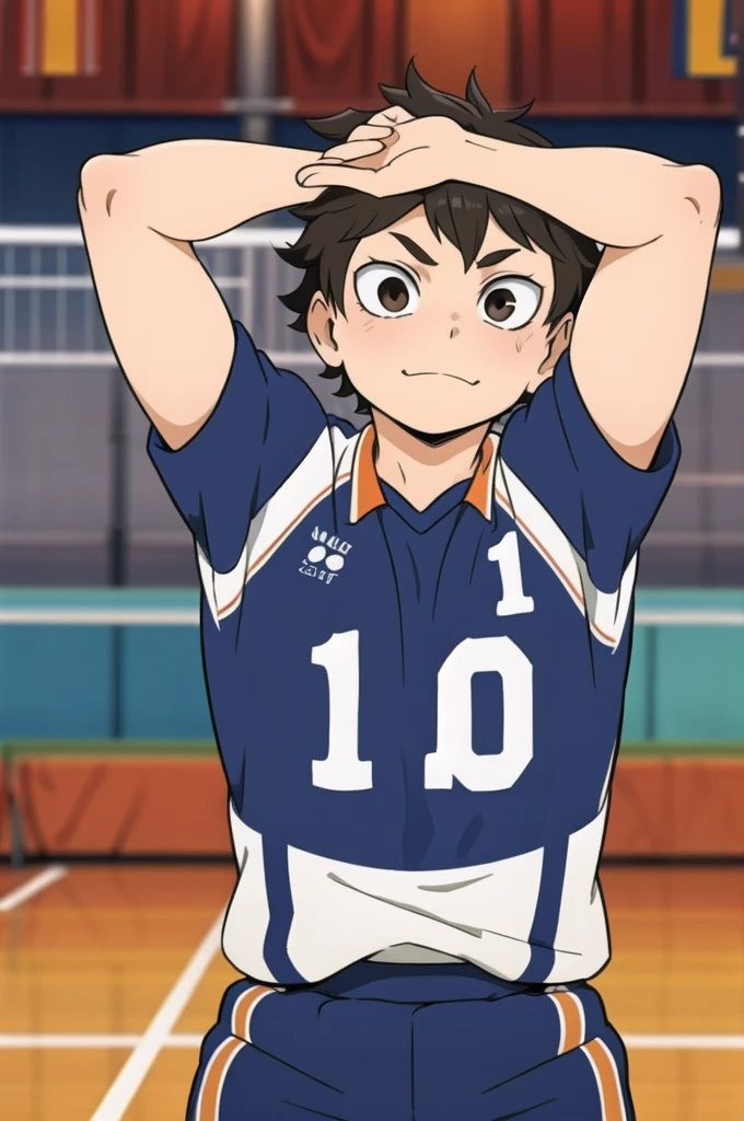 masterpiece, Best Quality, ultra detailed, animated style, backstroke volleyball boy, black and messy hair, with legend that says daler on his back, number 129 on his back, raising your arms, Looking up