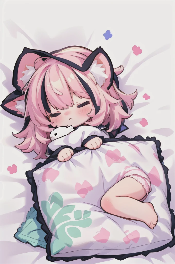 A cartoon of a cat sleeping on a pillow and another cat sleeping on it, there is nothingmimi, Cat girl, Beasts, There is a cat next to her, Cat girl, cute anime Cat girl, Ah ah, there is nothing, anime Cat girl, anime、Pink nightcap、Sleeping on a futon