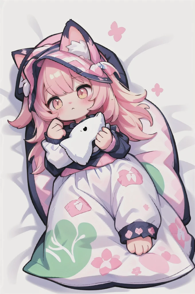 A cartoon of a cat sleeping on a pillow and another cat sleeping on it, there is nothingmimi, Cat girl, Beasts, There is a cat next to her, Cat girl, cute anime Cat girl, Ah ah, there is nothing, anime Cat girl, anime、Pink nightcap、Sleeping on a futon