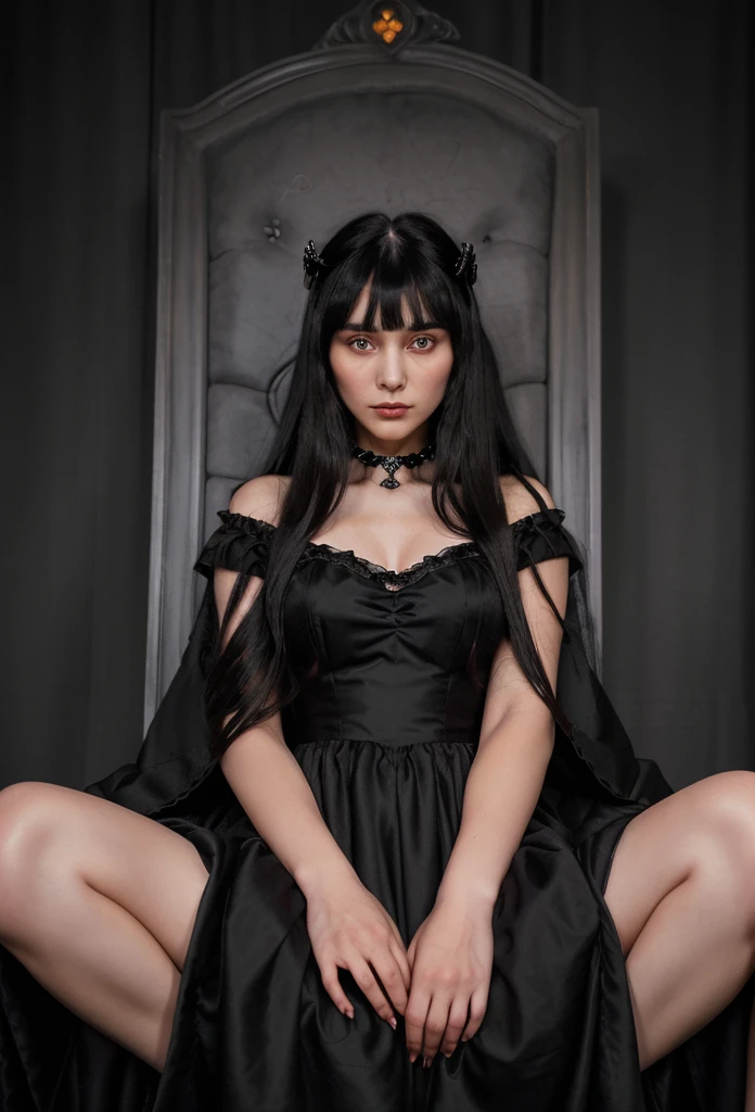 A realistic 20 year old princess of darkness. She has amber eyes. Black Hair shoukder length with short curtain bangs. she is beautful but cunning Wearing all black princess gown. She looks upset. She has a heart shaped face and high cheekbones. She is sitting on a throne with her arms crosses.