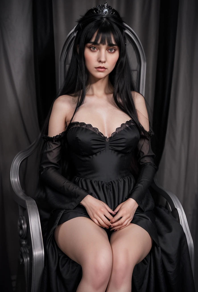 A realistic 20 year old princess of darkness. She has amber eyes. Black Hair shoukder length with short curtain bangs. she is beautful but cunning Wearing all black princess gown. She looks upset. She has a heart shaped face and high cheekbones. She is sitting on a throne with her arms crosses.