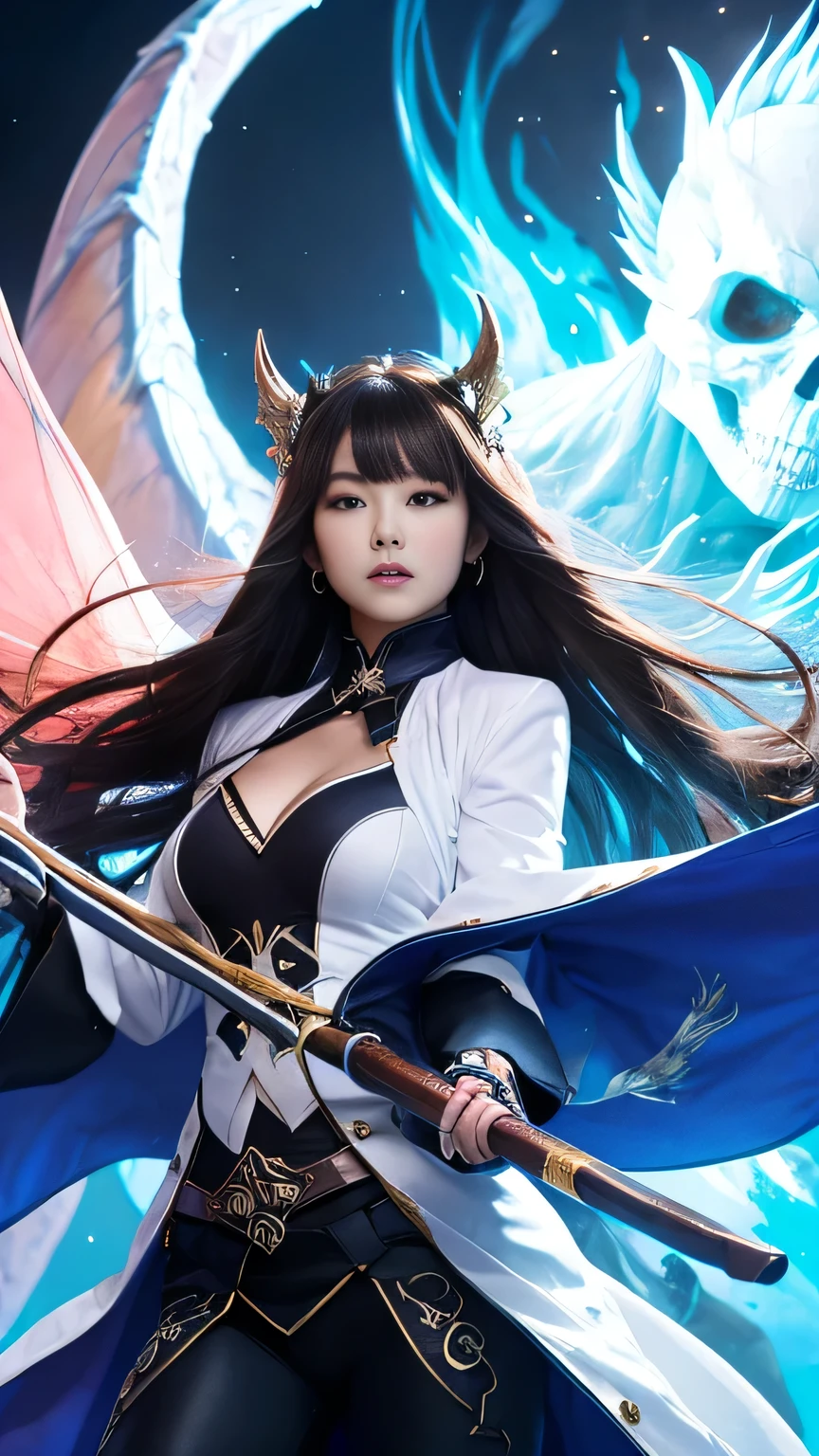 Girl, He carries a white cane decorated with the Japanese symbol for life., Blue flames coming out of the decoration, A dragon came out of it、A blue wind blows with a skull ghost, Perfect Judy with a face and scythe,The woman is wearing a proper white outfit made of sickle steel., The woman's hair is black, The woman is an incarnation of God., Dragon on background,(The background of the CG 8k module is very detailed) (Highest quality), (Best illustrations), (Best shade), Very detailed t--v6