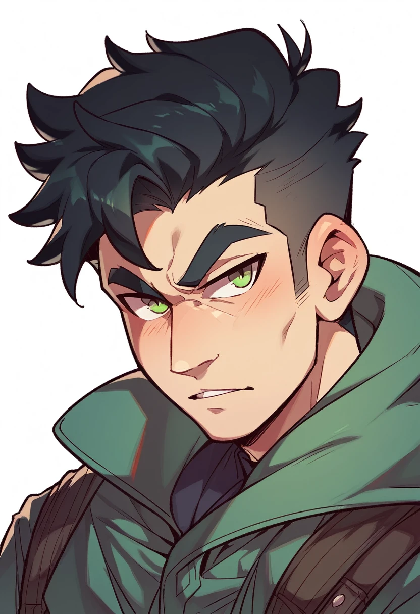 A handsome anime boy with a look of desire and possessiveness ((black hair)) ((green eyes)) ((Possessive))