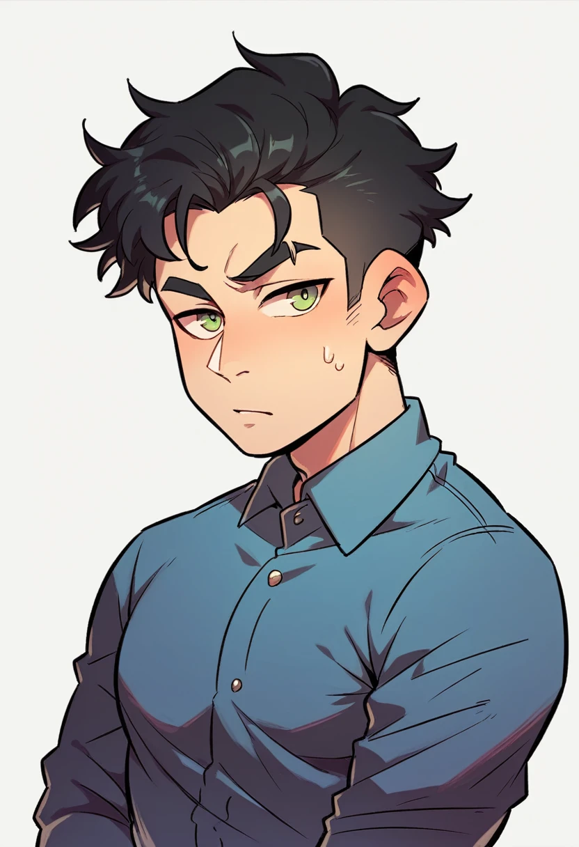 A handsome anime boy with a look of desire and possessiveness ((black hair)) ((green eyes)) ((Possessive))