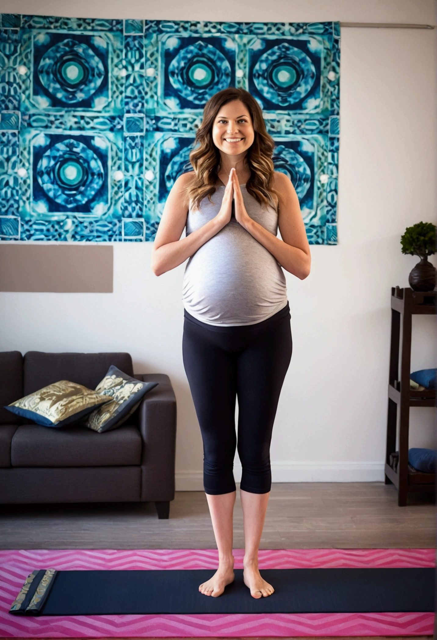 Activating the Leg Muscles in Mountain Pose (Tadasana) in Prenatal Yoga: I need an image that illustrates the second step of the mountain pose (Tadasana) in prenatal yoga. The image should show an experienced, pregnant yogi activating her leg muscles. The yogi should look directly into the camera as if she were taking a photo for a prenatal yoga ebook digital product. The style should be relaxing and professional, with soft colors and a minimalist background.