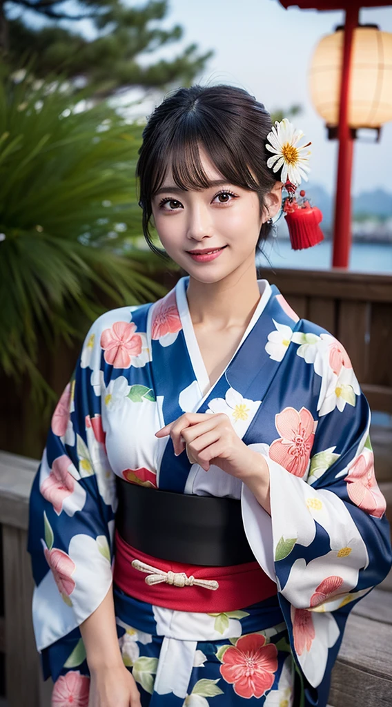 (8k、Raw photography、top-quality、​masterpiece:1.2)、(reallistic、Photorealsitic:1.37)、The ultra -The high-definition、1 girl in、cute little、solo、natta、Sitting、date、(Nasal redness)、(A smile:1.1)、(Closed)、Colossal tits、beautidful eyes、(short-hair:1.2)、(((Fireworks in the sky、natta)))、(((kimono、yukata)))、cleavage on the chest、perfect bodies、Perfect fingers、profetional lighting、goddess of Japan、gravure、Detailed face and skin texture、A detailed eye、Raw photo