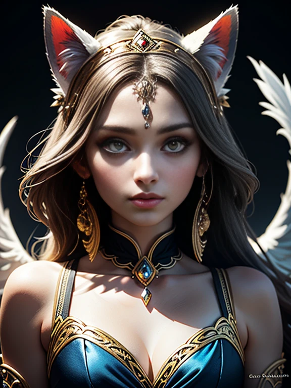 A beautiful goddess cat, elegant feline deity, mystical cat spirit, cat deity, anthropomorphic cat goddess, cat goddess portrait, hyperrealistic cat deity, cat goddess in elegant gown, cat goddess with ethereal aura, highly detailed cat goddess, 8k, photorealistic, hyper detailed, studio lighting, cinematic lighting, rich colors, dramatic lighting, volumetric lighting, glowing eyes, ornate headdress, flowing gown, intricate jewelry, graceful pose, serene expression, ethereal background, dreamlike atmosphere, fantasy art style