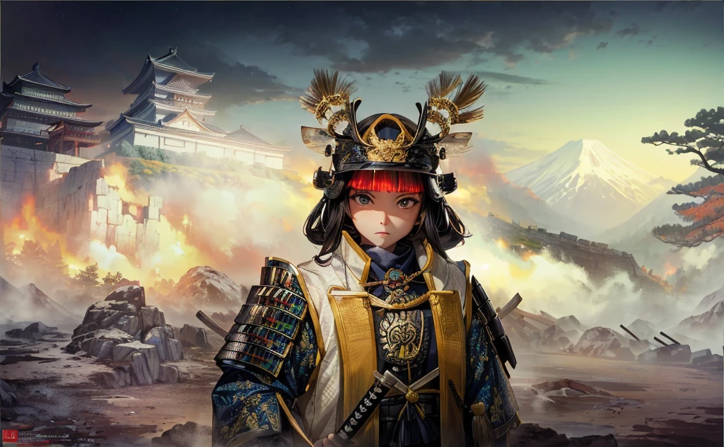 Female, (girls:1.5), (exceptional, best aesthetic, new, newest, best quality, anime, waifu:1.2), best quality, ultra detailed, absurdres, highres, colored, good anatomy, normal eyes, centered eyes, no cockeyed, no cross-eyes black hair, pretty face, Japanese Samurai armor, Samurai helmet, laurel leaves on helmet, swords, cape, Japanese castle, tree, snow mountain, fire,