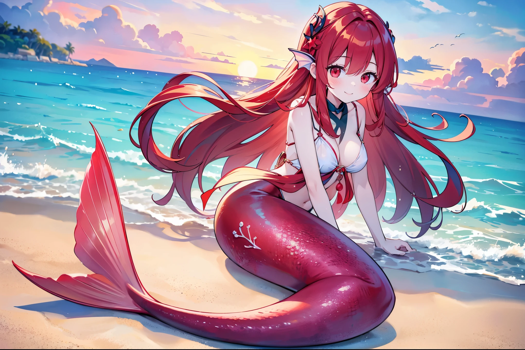 masterpiece, best quality,A girl,Red Hair,Red Eyes,Hair accessories,Large Breasts,White shirt,Mermaid,红色的Mermaid尾巴,full-body shot,beach,Sea view,lying on a beach,Looking at the audience,Smile