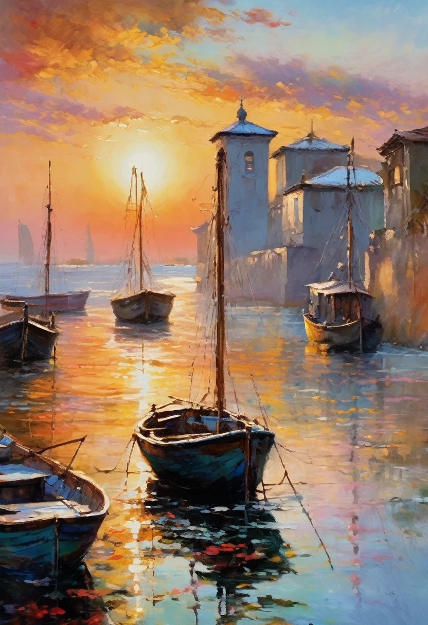 Cozy rooms, Big oil on the wall, Painter of Light, Monet's paintings, Impressionist painting, oil, Harbour sunrise scenery, The sea is depicted with bold, improvised brushstrokes、A distant view of the port, completely shrouded in mist, The rising red sun is the accent, The soft colors and gentle brushstrokes create a tranquil atmosphere.。The focus of the image is on impression、The painting itself is a masterpiece、Impeccable writing、Bold brushstrokes、Impressionist feeling, The mysterious beauty of that moment, The wall on which the painting hangs is decorated with an elegant frame.、Enhances the overall aesthetic appeal。Warm lighting、The elegant combination of rooms creates an enchanting atmosphere.、It invites the viewer to immerse themselves in the serenity and beauty of the depicted moment.。The image is、To truly capture the essence of the painting and its surroundings、Top quality with high resolution and ultra-detailed rendering。The art style is、Emphasis on realistic and photorealistic expression、Reflecting traditional oil techniques。The colors are warm and inviting、Highlight the rich colors of the sunset、Infuse a room with a warm glow。Lighting、Make your painting stand out、Add depth and dimension to the entire scene。