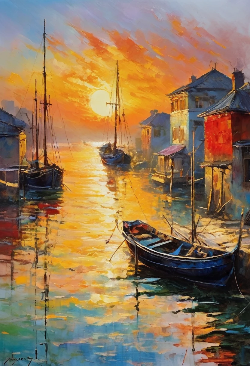 Cozy rooms, Big oil on the wall, Painter of Light, Monet's paintings, Impressionist painting, oil, Harbour sunrise scenery, The sea is depicted with bold, improvised brushstrokes、A distant view of the port, completely shrouded in mist, The rising red sun is the accent, The soft colors and gentle brushstrokes create a tranquil atmosphere.。The focus of the image is on impression、The painting itself is a masterpiece、Impeccable writing、Bold brushstrokes、Impressionist feeling, The mysterious beauty of that moment, The wall on which the painting hangs is decorated with an elegant frame.、Enhances the overall aesthetic appeal。Warm lighting、The elegant combination of rooms creates an enchanting atmosphere.、It invites the viewer to immerse themselves in the serenity and beauty of the depicted moment.。The image is、To truly capture the essence of the painting and its surroundings、Top quality with high resolution and ultra-detailed rendering。The art style is、Emphasis on realistic and photorealistic expression、Reflecting traditional oil techniques。The colors are warm and inviting、Highlight the rich colors of the sunset、Infuse a room with a warm glow。Lighting、Make your painting stand out、Add depth and dimension to the entire scene。