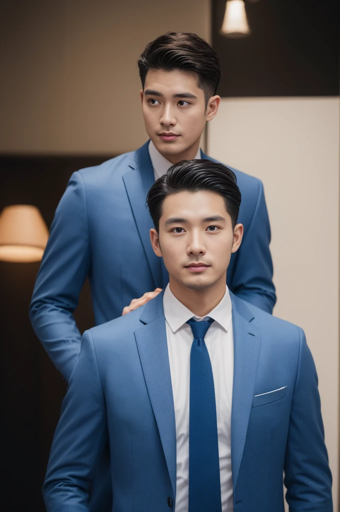 ((2 men)), two handsome asian men in business suits, male on left one leg on stool, male on right sitting down on chair, (crossed arms:1.1, highly realistic hands, detailed hands),(realistic:1.7),((best quality)), High detail RAW color Photo, ((full body shot)), ((white background)), symmetrical, highly detailed, skin pores, skin imperfections, high detail hair, sharp body, detailed body, highly detailed face, handsome face, perfect lighting, shadows, sharp focus, 8k high definition, insanely detailed, intricate, masterpiece, highest quality