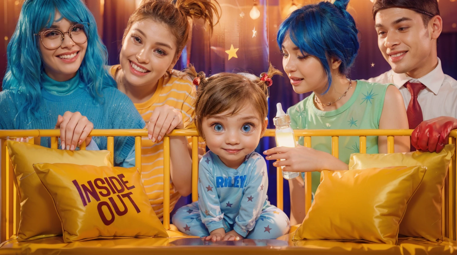 This image vibrantly captures a playful scene featuring Riley Andersen from "Inside Out," surrounded by characters styled as animated emotions from the movie. The blue-haired girl on the left symbolizes creativity and intelligence with her glasses and a radiant smile. Beside her, the girl with orange hair and a spirited expression represents enthusiasm and energy. At the center, toddler Riley, with her big blue eyes and starry pajamas, embodies innocence and is the focal point of the emotional journey depicted in "Inside Out." To her right, the girl with blue hair in a green dress could represent a quirky, imaginative aspect, while the young man in a white shirt and red gloves adds a touch of strength and leadership. They are all gathered around a crib, exuding warmth and a sense of camaraderie, perhaps symbolizing a supportive family or a collective of guiding emotions, each playing a role in nurturing Riley's growth and experiences. The "Inside Out" pillow and Riley's outfit further tie into the theme of exploring internal emotions and their impact on the outer world. vibrant contrast to his attire and accessories.аffects render, (glossy plastic texture with multiple big light probe refractions), perfect cgi, smooth silhouette, high intensity refraction, (super glossy plastic material), most beautiful vfx, , realistic, 4k, high resolution, rim light, smooth 3d model, multiple light sources, rim light, sharp post effects render,, realistic, 4k, high resolution, rim light detailed digital art, reflective, best quality, 4k, masterpiece:1.2, ultra-detailed, realistic, vivid colors, The image of the highest quality, ensuring every detail showcased perfectly. It in 4k resolution, allowing viewers to immerse themselves in the richness of the colors and intricate details. The realistic rendering. under the spotlight, reflecting, high-resolution image, realistic rendering
