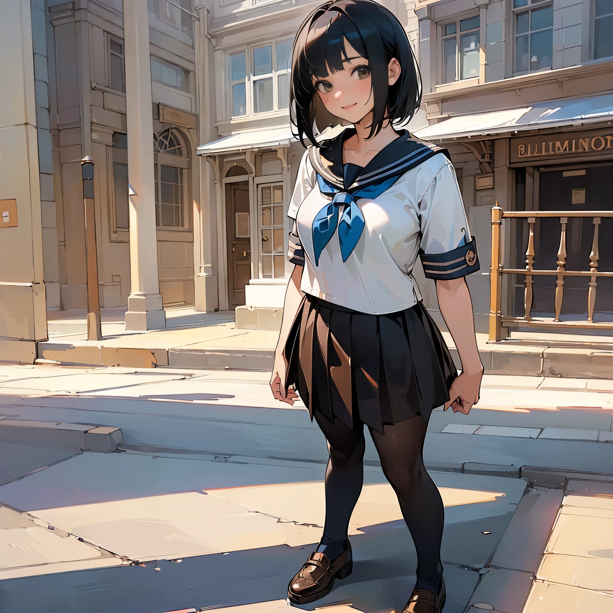 (Highest quality, High resolution, Super detailed, Realistic:1.37), Peaceful atmosphere, (Streetscape), age girl standing alone,(my breasts are big.),Beautifully detailed features, Cute Smile, ((Black bob hair)),Short-sleeved sailor uniform, Pleated skirt,Black tights,Brown leather shoes.