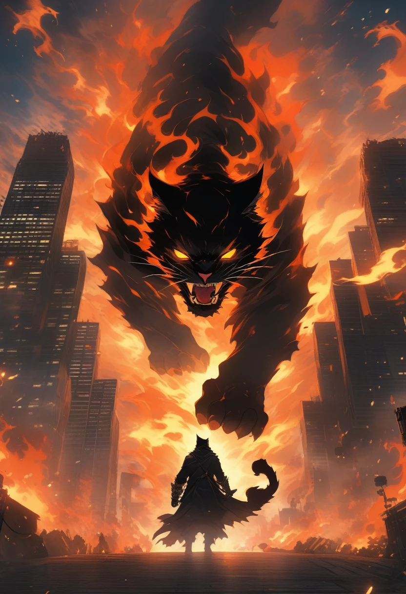 ((Masterpiece)), ((Best Quality)), (Very Detailed), ((Very Detailed)), 4K, (8K), very aesthetic, absurdres highres, Giant cat monster, night scene of a city filled with smoke and flames, a giant cat is destroying buildings. A bright beam is emitted from the cat's eyes, and the building collapses. Red and orange flames shine against the dark night sky, and the cat's sharp fangs and claws cause fear. A destructive force can be felt as the cat roars. The steel frame of the building is exposed and sparks fly.