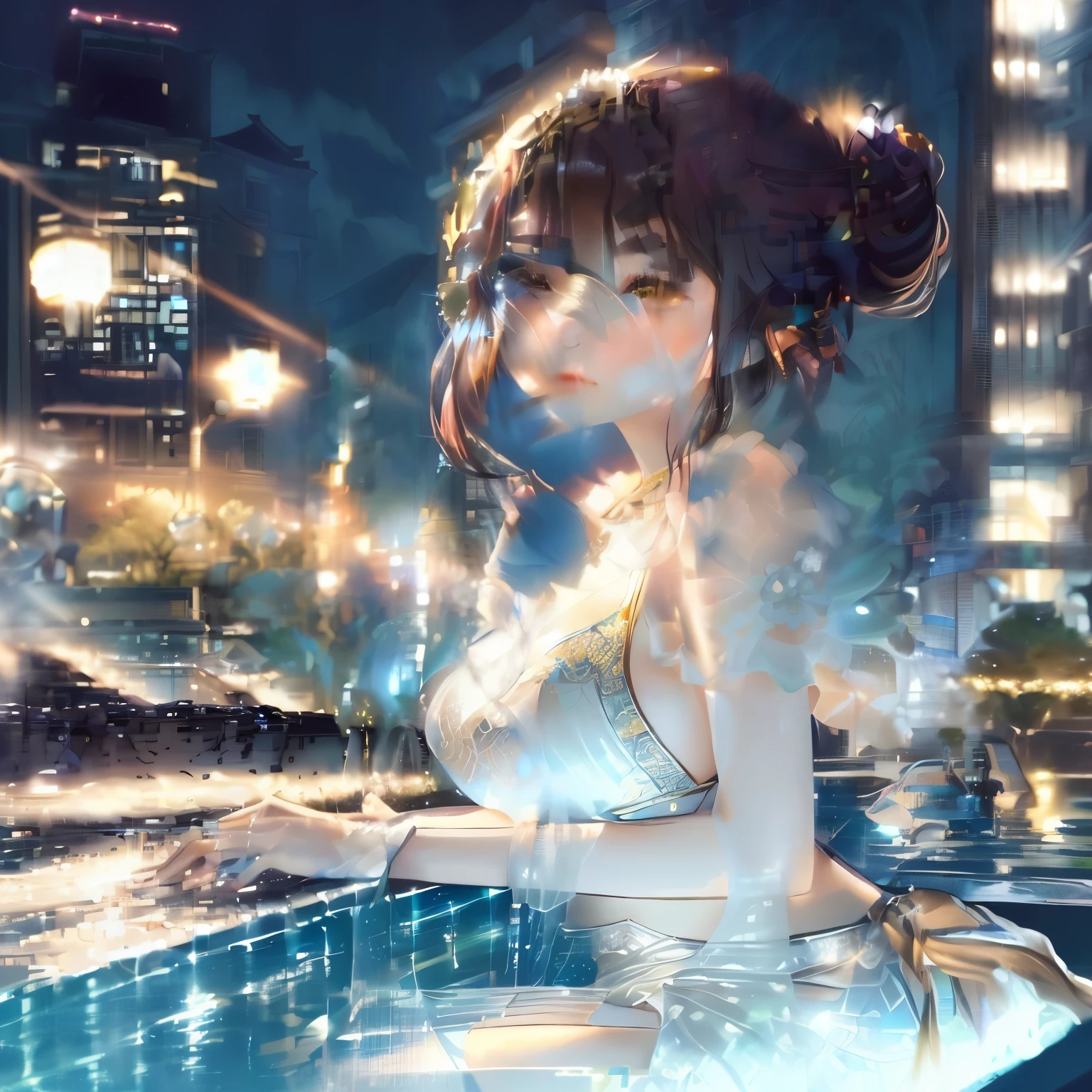 A woman in her fifties sitting on a ledge next to a fountain, Wenfei Ye, Belle Delphine, Chen Xintong, Yoshitomo Nara, Chiho, Cheryl Fountain, Liu Chengyou, at night, Shishion Wu, 8K Selfie, Comes with a light that glows at night, Cool girl, Gemma Chen, Unknown painter
