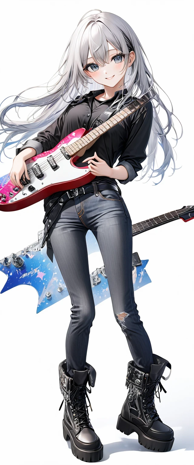 (((White background:1.2)))、(The entire subject is captured),(((Composition from afar:1.5))),(((full body:1.2))),Masterpiece、Ultra HD、K-pop girl playing black electric guitar, Intricate details, Highly detailed eyes, Long silver hair、(Black shirt and jeans)、(((Dynamic pose:1.5)))、Wear black boots、Ultra-detailed image quality、Intense gaze at the camera、Smiling Kindly、Perfect Style、8Head to Body、Playing on stage、Live