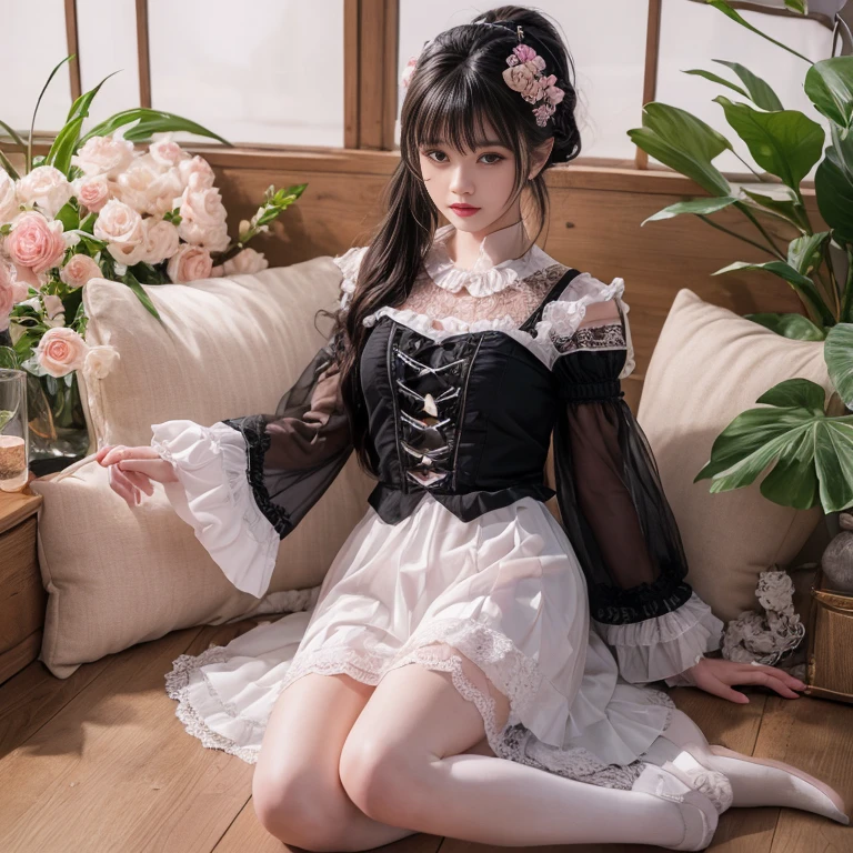 best quality, masterpiece, lifelike, 1 girl, solitary, eternity, black hair, Hair tied in a ponytail, Bangs, laugh out loud, Layered lace skirt, sleeves, Wide sleeves, Transparent sleeves, flower, Detailed Background, Delicate face,pink blush,White,knee socks, pink shoes,cold,lots of lace,((masterpiece))、(top quality)、8k、high detail、Super detailed、 21 years old female,masterpiece、born、intricate details showcase the ruffles and intricate designs of the Loliss、Fair、magic、realism、Visual effects、FXAA、SSAO、Shader、voiceless、ambient lighting、Tone mapping、High resolution、Ultra high quality、Million pixels、(8k resolution:1.10)、8k resolution、high detail、intricate details、 (high quality:1.2、masterpiece:1.2、:1.21)、(21 years old female),Hair accessories are not allowed,Travel Photos