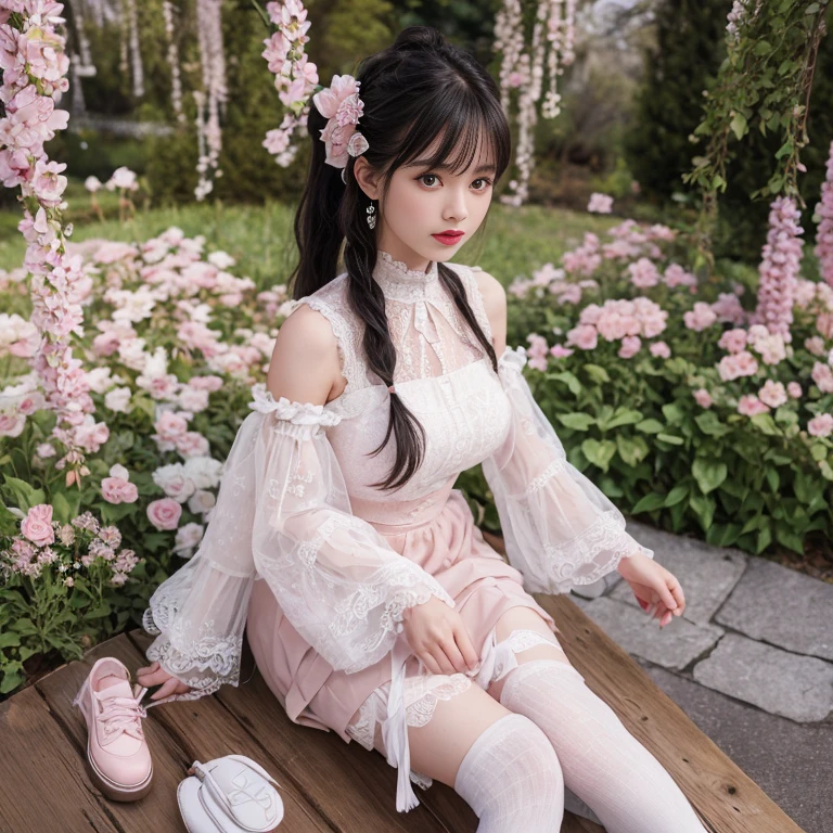 best quality, masterpiece, lifelike, 1 girl, solitary, eternity, black hair, Hair tied in a ponytail, Bangs, laugh out loud, Layered lace skirt, Puff sleeves, Wide sleeves, Transparent sleeves, flower, Detailed Background, Delicate face,pink blush,White,knee socks, pink shoes,cold,lots of lace,((masterpiece))、(top quality)、8k、high detail、Super detailed、 21 years old female,masterpiece、born、intricate details showcase the ruffles and intricate designs of the ta dress、Fair、magic、realism、Visual effects、FXAA、SSAO、Shader、voiceless、ambient lighting、Tone mapping、High resolution、Ultra high quality、Million pixels、(8k resolution:1.10)、8k resolution、high detail、intricate details、 (high quality:1.2、masterpiece:1.2、:1.21)、(21 years old female),Hair accessories are not allowed,Travel Photos