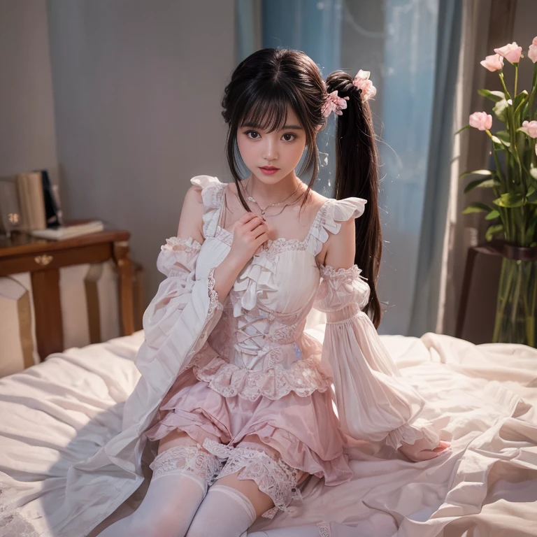 best quality, masterpiece, lifelike, 1 girl, solitary, eternity, black hair, Hair tied in a ponytail, Bangs, laugh out loud, Layered lace skirt, Puff sleeves, Wide sleeves, Transparent sleeves, flower, Detailed Background, Delicate face,pink blush,White,knee socks, pink shoes,cold,lots of lace,((masterpiece))、(top quality)、8k、high detail、Super detailed、 21 years old female,masterpiece、born、intricate details showcase the ruffles and intricate designs of the ta dress、Fair、magic、realism、Visual effects、FXAA、SSAO、Shader、voiceless、ambient lighting、Tone mapping、High resolution、Ultra high quality、Million pixels、(8k resolution:1.10)、8k resolution、high detail、intricate details、 (high quality:1.2、masterpiece:1.2、:1.21)、(21 years old female),Hair accessories are not allowed,Travel Photos