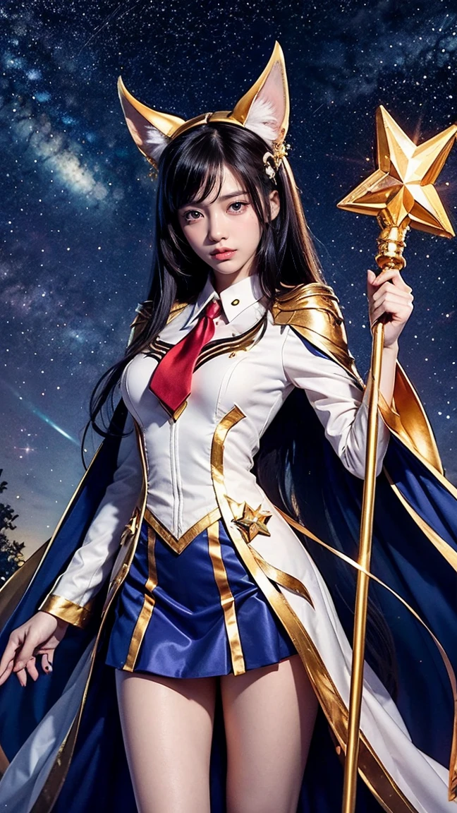 Depict Ahri in her Star Guardian skin, with a celestial theme, vibrant colors, and a magical staff, standing heroically against a starry sky