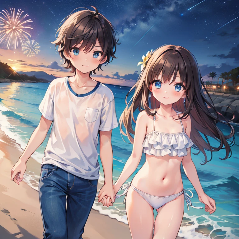 Masterpiece, Best quality, Highest quality, 4K, Anime couple, One girl, One boy, Boy wears blue pants swimsuit, Girl wears bikini, detailed eyes, deteailed face, Blue-headed flower, Blue Eyes, Girl has long Brown hair, Boy has short Black hair, fireworks, Beach, Smile, Night Sky, Walk by the sea, blush faces, holding hands