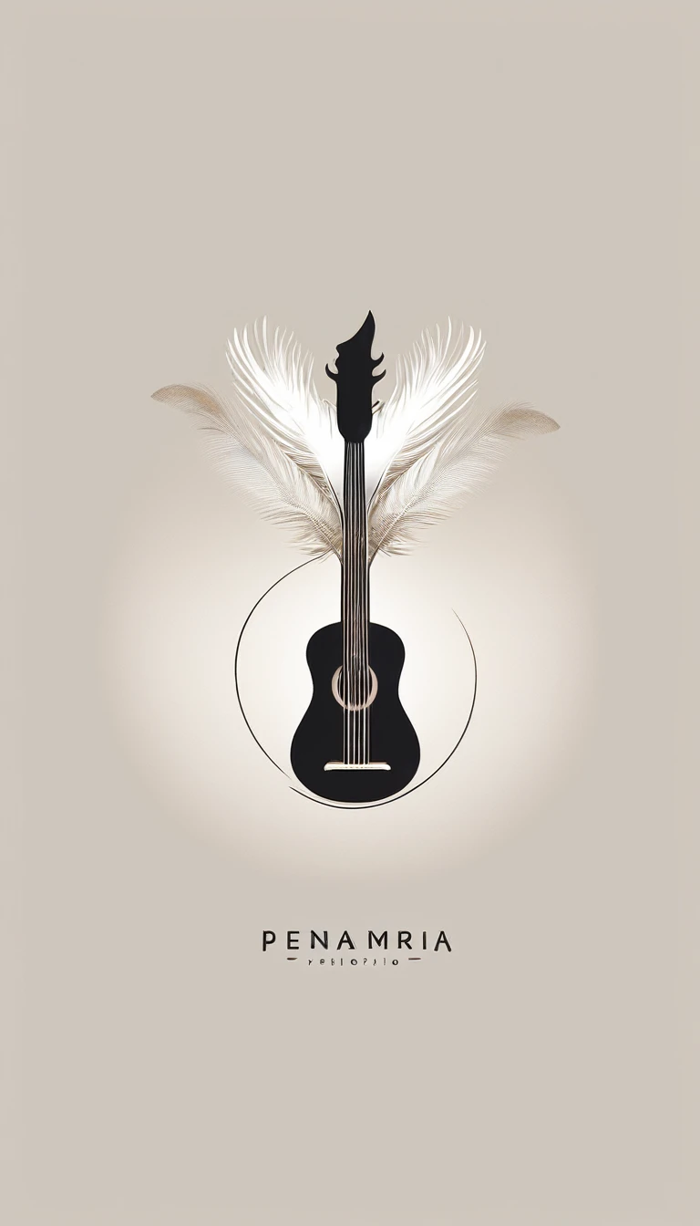 A minimal, modern, simple, cinematic logotype for the brand “Penamemoria". The logotype must be a simple, magical feather and a boy playing acoustic guitar. The logo must convey a sense of music, stories and dreams. Logo design impressed on a book cover. Minimalistic logo