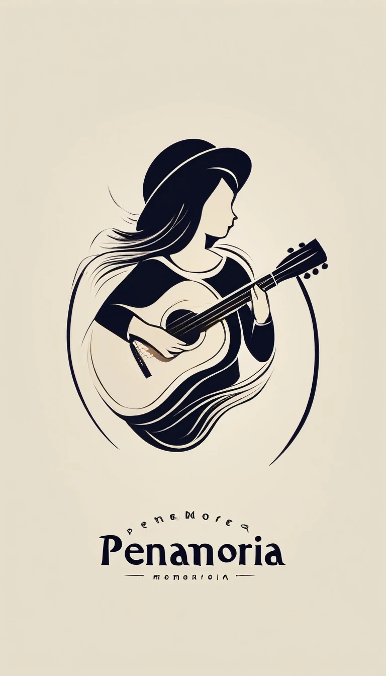 A minimal, modern, simple, cinematic logotype for the brand “Penamemoria". The logotype must be a simple, magical feather and a boy playing acoustic guitar. The logo must convey a sense of music, stories and dreams. Logo design impressed on a book cover. Minimalistic logo