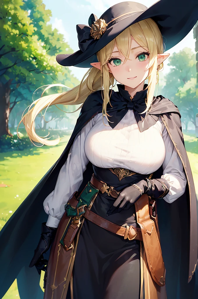 (((masterpiece; best quality: 1.2))), (finely detailed eyes: 1.3), (25 year old elf woman), (solo), (green eyes: 1.4), (body; big breasts, fit, femenine: 1.3), (silky blonde hair in low ponytail: 1.3), (beautiful and clear background: 1.2), ((depth of field)), (equipment: adventurer garb + modest + elegant wide-brimmed hat + dark blouse + dark cape + black long skirt + gloves + belt + pouches: 1.3), (anime illustration: 1.2), (background composition; royal garden: 1.1), (extremely fine and beautiful: 1.1), (shot composition; standing + centered on torso + close-up: 1.5), (expression; calm, smile: 1.2)